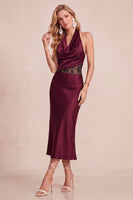 Load image into Gallery viewer, Peacock Green Satin Bodycon Halter Long Wedding Guest Dress with Lace
