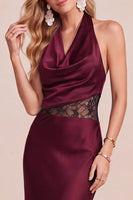 Load image into Gallery viewer, Peacock Green Satin Bodycon Halter Long Wedding Guest Dress with Lace