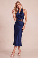 Load image into Gallery viewer, Peacock Green Satin Bodycon Halter Long Wedding Guest Dress with Lace