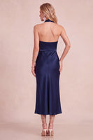 Load image into Gallery viewer, Peacock Green Satin Bodycon Halter Long Wedding Guest Dress with Lace