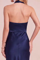 Load image into Gallery viewer, Peacock Green Satin Bodycon Halter Long Wedding Guest Dress with Lace