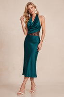 Load image into Gallery viewer, Peacock Green Satin Bodycon Halter Long Wedding Guest Dress with Lace