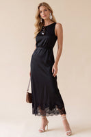 Load image into Gallery viewer, Black Sheath Round Neck Satin Long Wedding Guest Dress with Lace