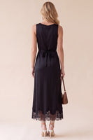 Load image into Gallery viewer, Black Sheath Round Neck Satin Long Wedding Guest Dress with Lace