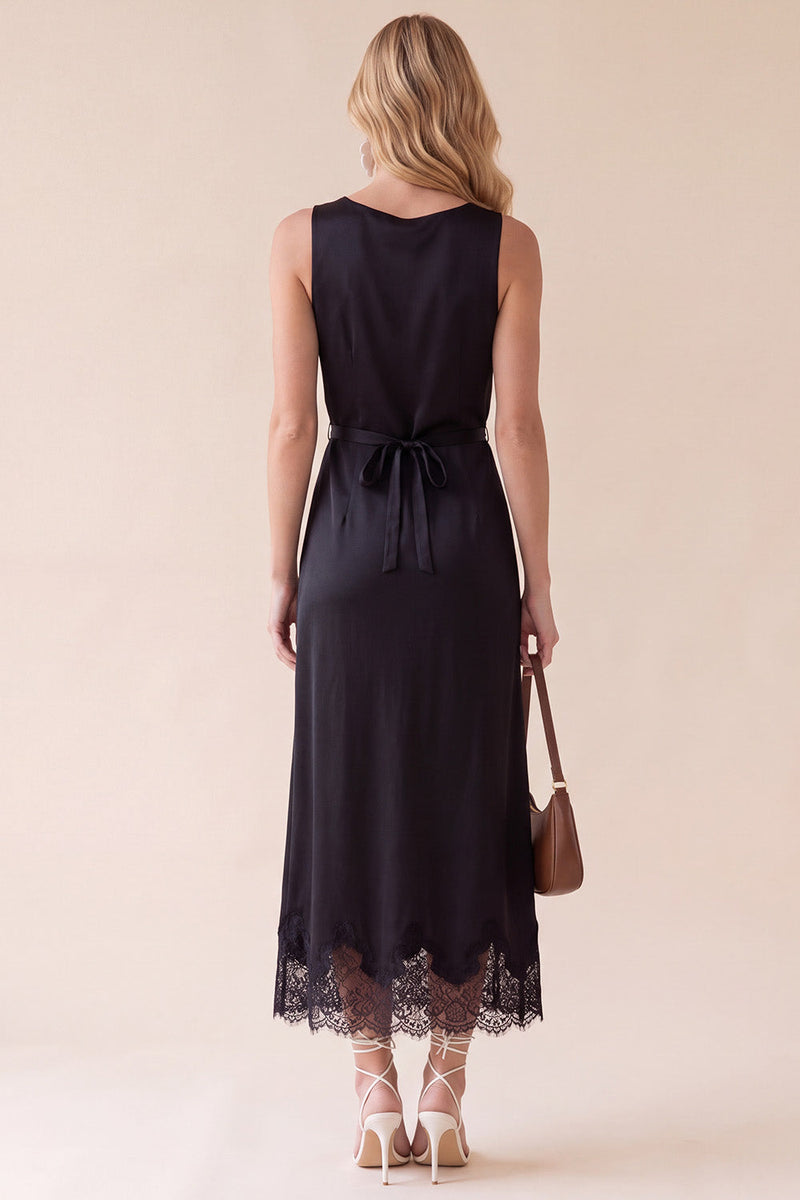 Load image into Gallery viewer, Black Sheath Round Neck Satin Long Wedding Guest Dress with Lace