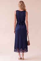 Load image into Gallery viewer, Black Sheath Round Neck Satin Long Wedding Guest Dress with Lace