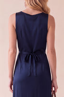 Load image into Gallery viewer, Black Sheath Round Neck Satin Long Wedding Guest Dress with Lace