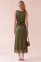 Load image into Gallery viewer, Black Sheath Round Neck Satin Long Wedding Guest Dress with Lace