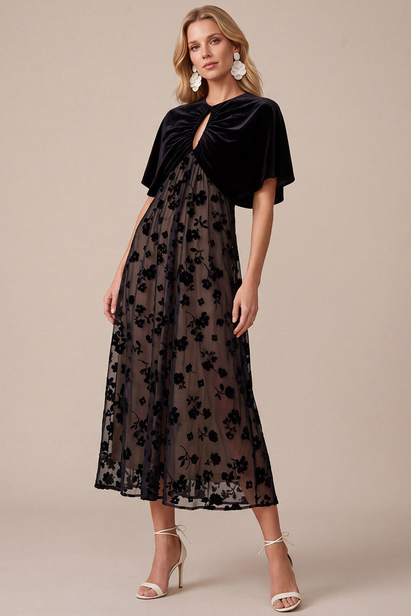 Load image into Gallery viewer, Black A-Line Floral Keyhole Long Wedding Guest Dress with Cape