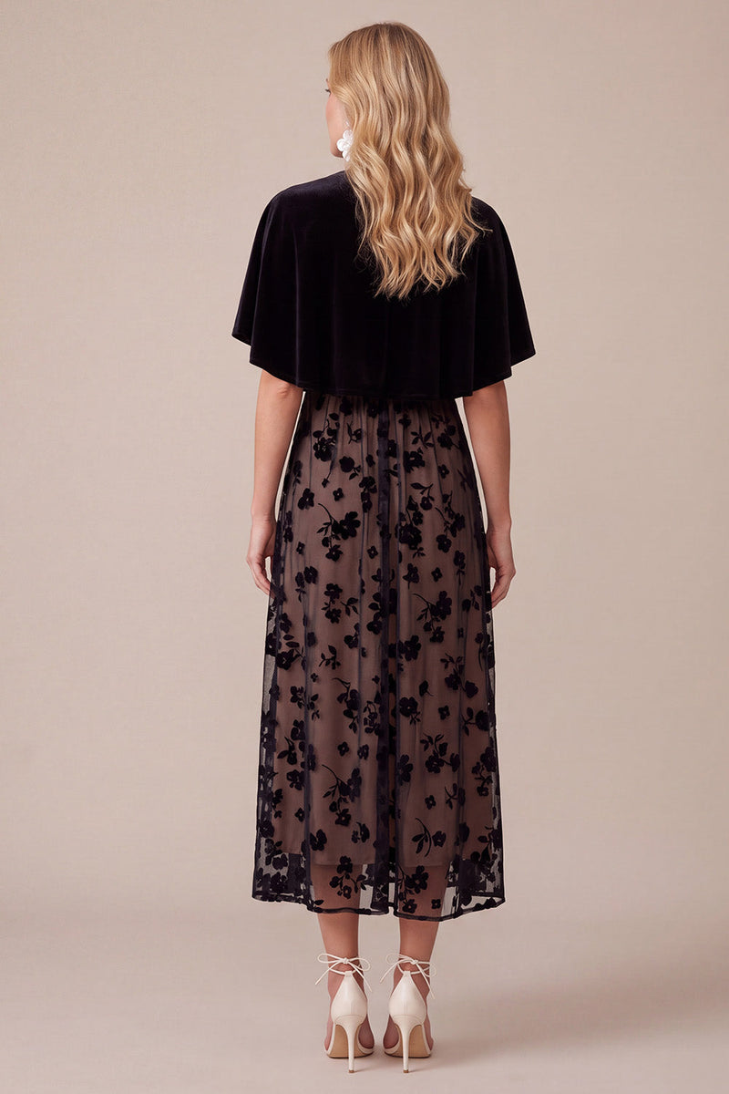 Load image into Gallery viewer, Black A-Line Floral Keyhole Long Wedding Guest Dress with Cape