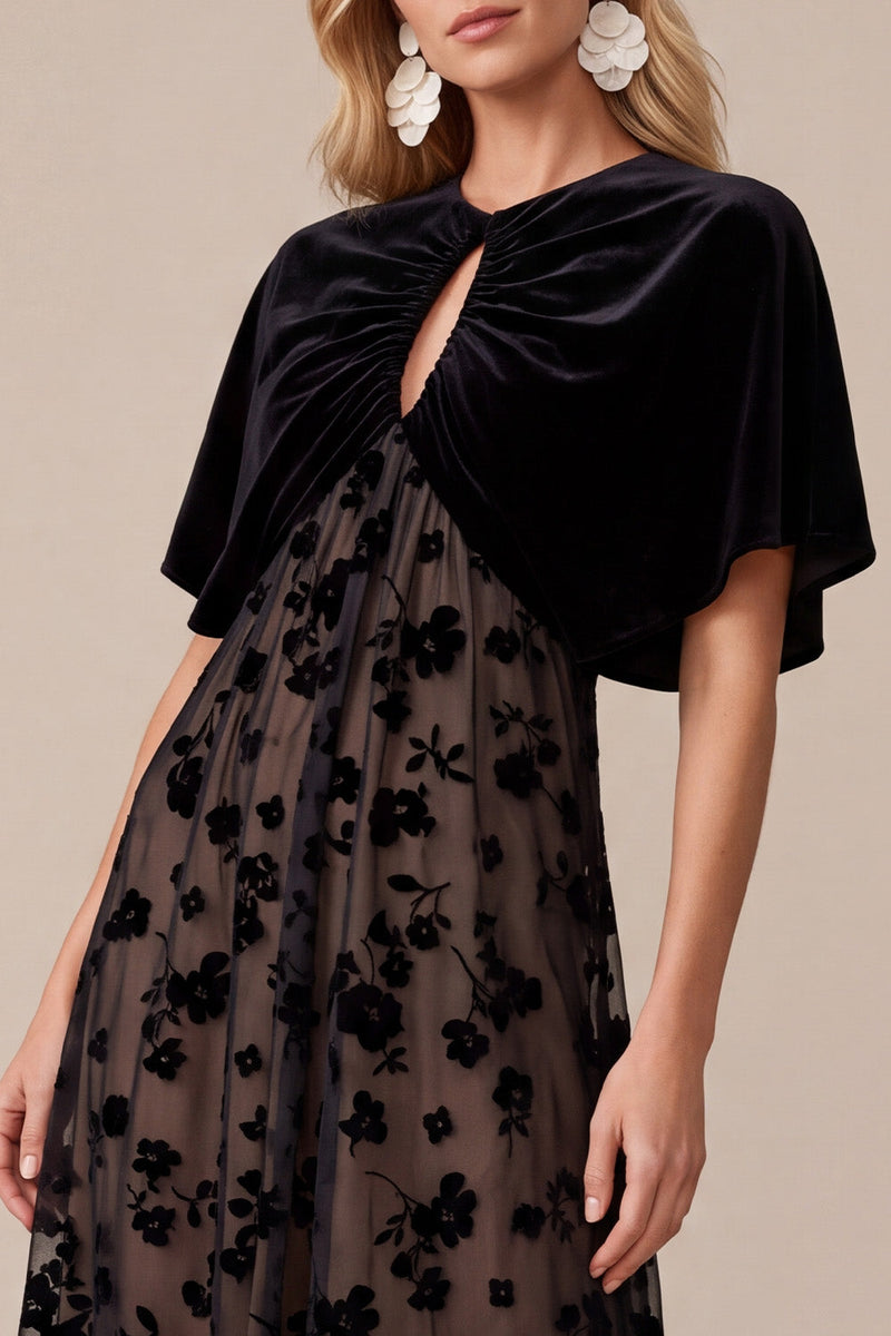 Load image into Gallery viewer, Black A-Line Floral Keyhole Long Wedding Guest Dress with Cape