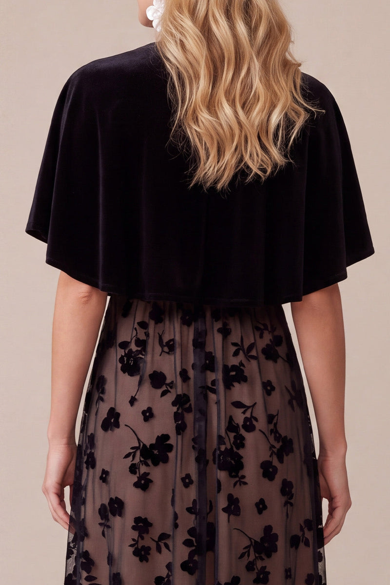 Load image into Gallery viewer, Black A-Line Floral Keyhole Long Wedding Guest Dress with Cape