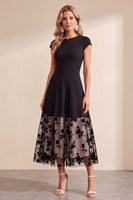 Load image into Gallery viewer, Black A-Line Round Neck Floral Long Wedding Guest Dress