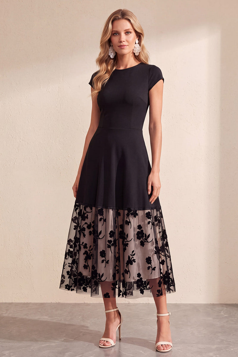 Load image into Gallery viewer, Black A-Line Round Neck Floral Long Wedding Guest Dress