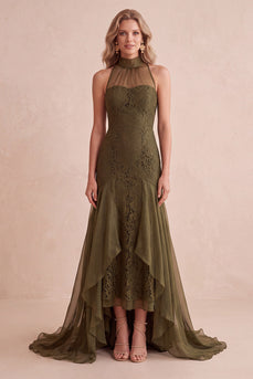 Olive Mermaid High Neck Lace Ruffled High-Low Wedding Guest Dress