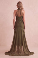 Load image into Gallery viewer, Olive Mermaid High Neck Lace Ruffled High-Low Wedding Guest Dress