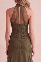 Load image into Gallery viewer, Olive Mermaid High Neck Lace Ruffled High-Low Wedding Guest Dress