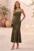 Load image into Gallery viewer, Olive Bodycon Ruffled Lace Long Wedding Guest Dress with Pockets