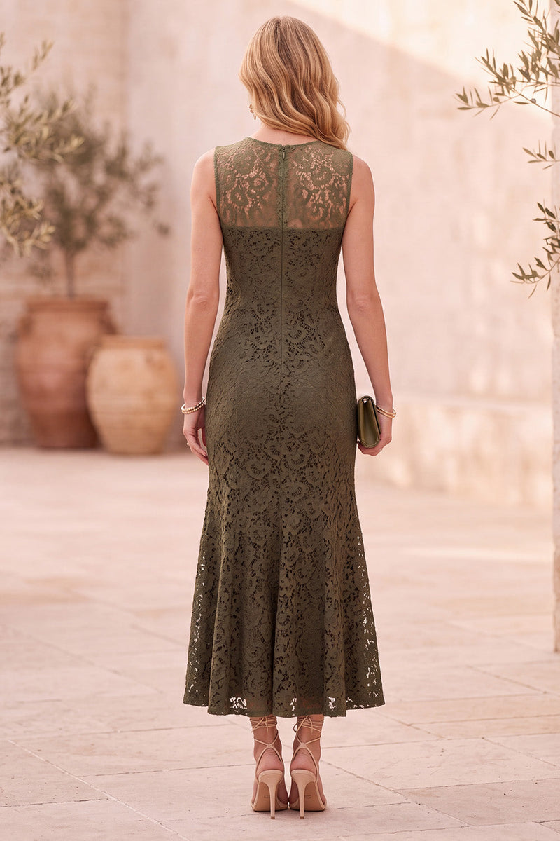 Load image into Gallery viewer, Olive Bodycon Ruffled Lace Long Wedding Guest Dress with Pockets
