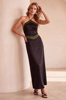 Load image into Gallery viewer, Black and Red Sheath Halter Backless Maxi Wedding Guest Dress