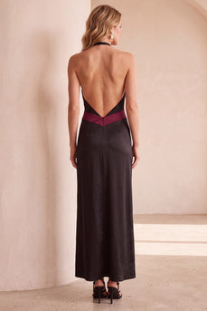 Black and Red Sheath Halter Backless Maxi Wedding Guest Dress