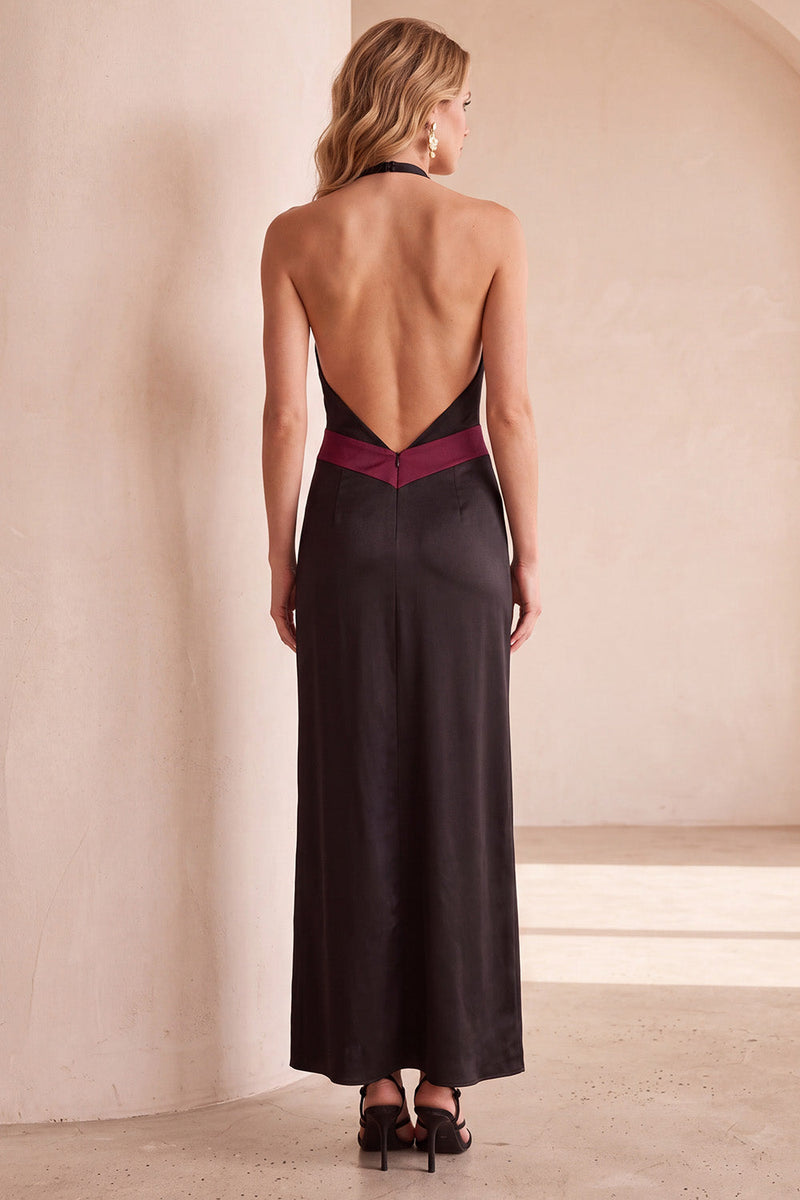 Load image into Gallery viewer, Black and Red Sheath Halter Backless Maxi Wedding Guest Dress