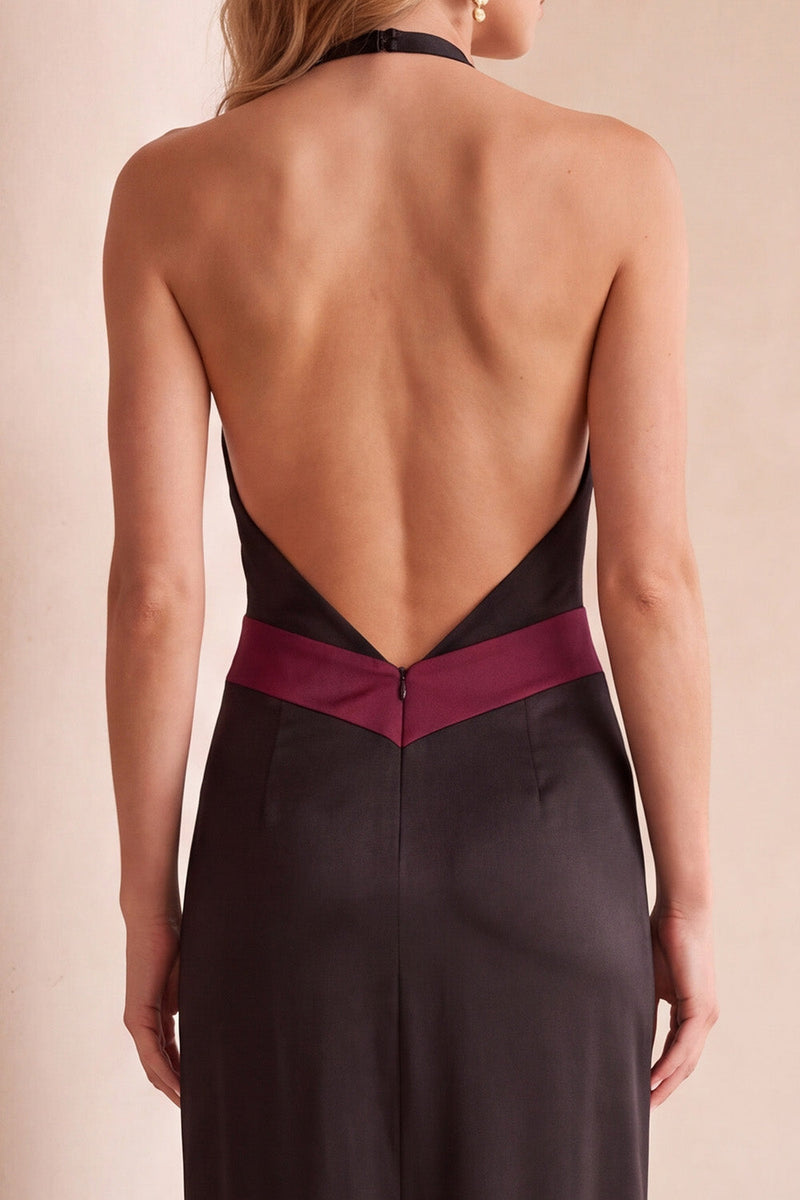 Load image into Gallery viewer, Black and Red Sheath Halter Backless Maxi Wedding Guest Dress