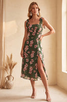 Load image into Gallery viewer, Green Floral A-Line Square Neck Midi Wedding Guest Dress with Slit