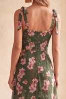 Load image into Gallery viewer, Green Floral A-Line Square Neck Midi Wedding Guest Dress with Slit