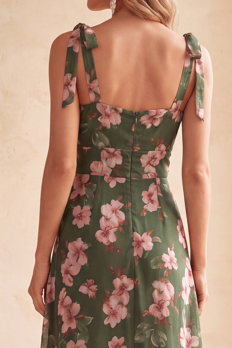 Load image into Gallery viewer, Green Floral A-Line Square Neck Midi Wedding Guest Dress with Slit