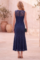 Load image into Gallery viewer, Dark Blue Lace Bodycon Round Neck Ruffled Long Wedding Guest Dress