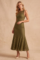 Load image into Gallery viewer, Dark Blue Lace Bodycon Round Neck Ruffled Long Wedding Guest Dress