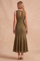 Load image into Gallery viewer, Dark Blue Lace Bodycon Round Neck Ruffled Long Wedding Guest Dress