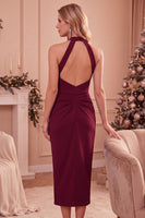 Load image into Gallery viewer, Dark Blue Halter Ruched Keyhole Back Long Wedding Guest Dress with Pockets