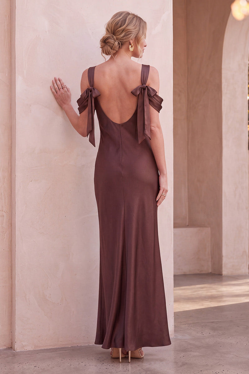 Queendancer Women Coffee Satin Long Formal Dress with Bows Mermaid Cold ...