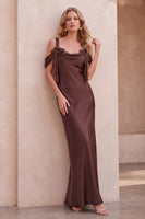 Load image into Gallery viewer, Coffee Mermaid Satin Cold Shoulder Long Formal Dress with Bows