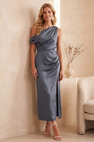 Load image into Gallery viewer, Dusty Blue Satin Sheath Ruched One Shoulder Long Formal Dress with Slit
