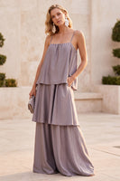 Load image into Gallery viewer, Fog Ruffled A Line Satin Spaghetti Straps Long Wedding Guest Dress with Pockets