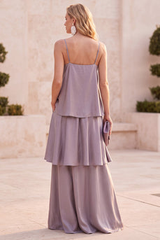 Fog Ruffled A Line Satin Spaghetti Straps Long Wedding Guest Dress with Pockets