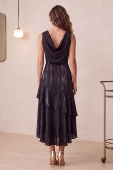Ruffled Black A Line Cowl Neck High Low Wedding Guest Dress with Pockets