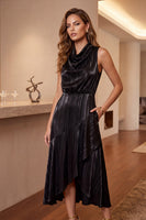 Load image into Gallery viewer, Ruffled Black A Line Cowl Neck High Low Wedding Guest Dress with Pockets