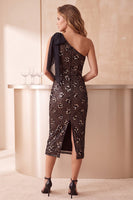 Load image into Gallery viewer, Sparkly Coffee Bodycon Floral One Shoulder Sequin Midi Formal Dress with Bow