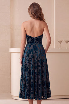 Floral Navy Sweetheart A-Line Velvet Long Formal Dress with Pockets