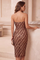 Load image into Gallery viewer, Fringed Sparkly Coffee Strapless Sequin Bodycon Midi Formal Dress