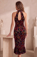 Load image into Gallery viewer, Floral Burgundy Mermaid High Neck Ruffled Midi Formal Dress