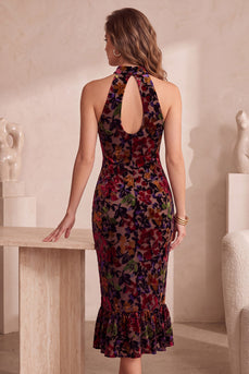 Floral Burgundy Mermaid High Neck Ruffled Midi Formal Dress