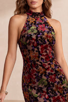 Load image into Gallery viewer, Floral Burgundy Mermaid High Neck Ruffled Midi Formal Dress