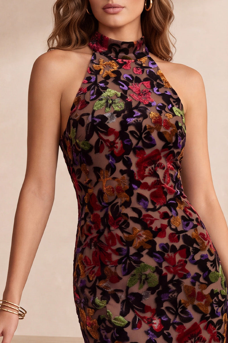 Load image into Gallery viewer, Floral Burgundy Mermaid High Neck Ruffled Midi Formal Dress