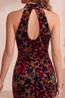 Load image into Gallery viewer, Floral Burgundy Mermaid High Neck Ruffled Midi Formal Dress