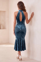 Load image into Gallery viewer, Lake Blue Mermaid High Neck Cut Out Ruffled Velvet Long Formal Dress